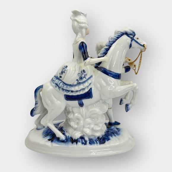 Vintage Porcelain Horse Rider & Handler Figurine Blue White Gold Trim 9 Inch - Picture 4 of 16